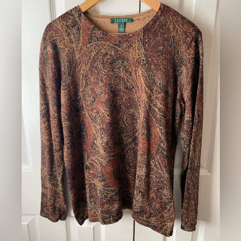LAUREN RALPH LAUREN Brown Gold Metallic Paisley Silk Cashmere Crewneck Sweater1X